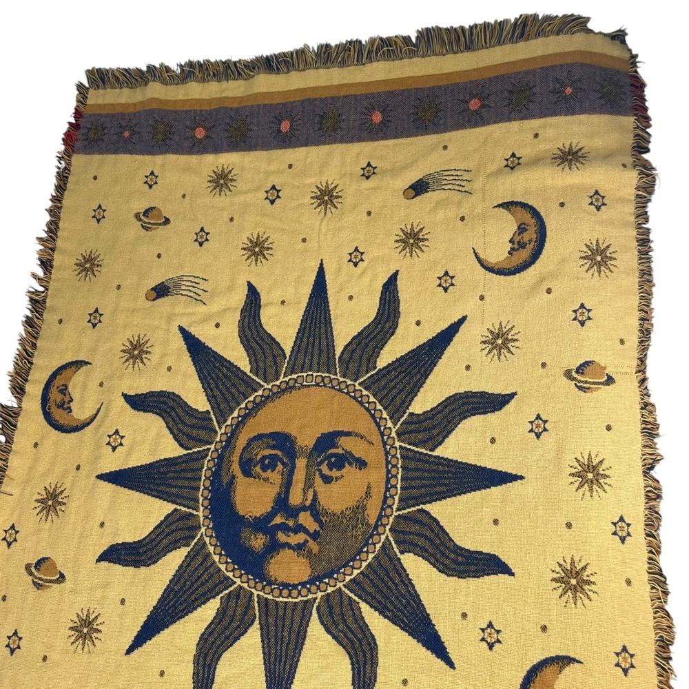 Celestial Blanket Sun Moon Stars Woven Throw FLAWS Hippie Boho Bohemian Witchy - Picture 5 of 16